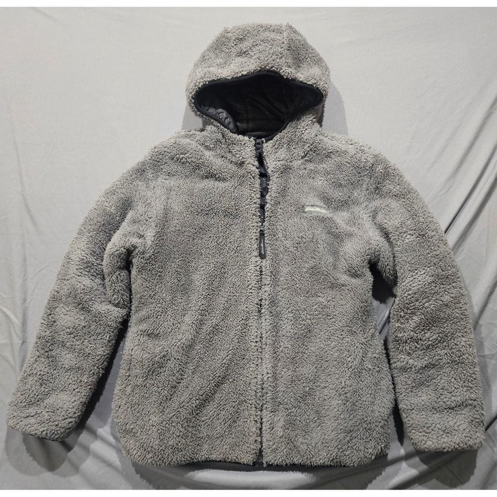 Eddie Bauer Puffer Jacket Kids L 14/16 Black Grey Reversible Hooded